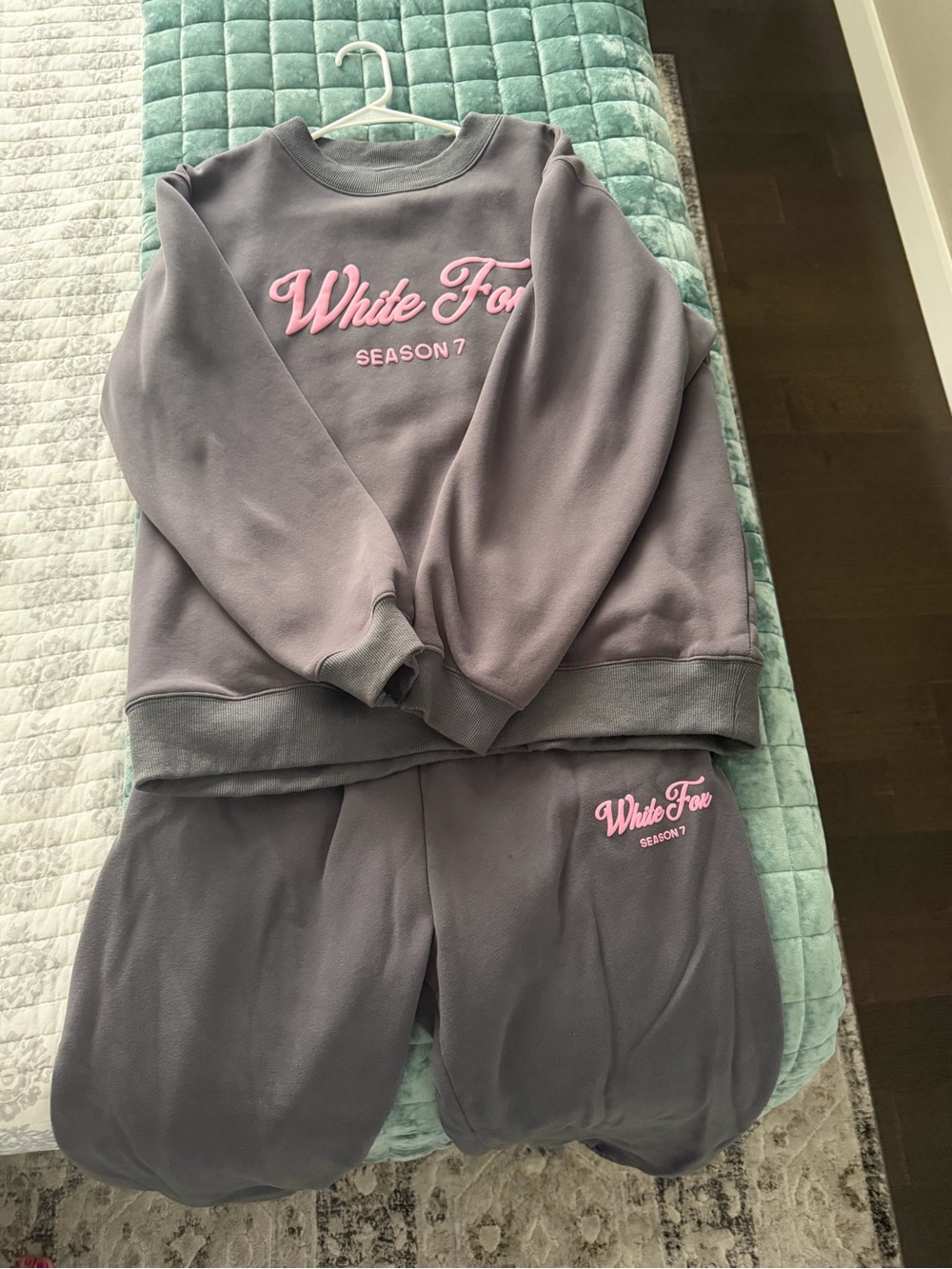 White Fox Season 7 Gray Sweatshirt & Shorts Set with Pink Logo